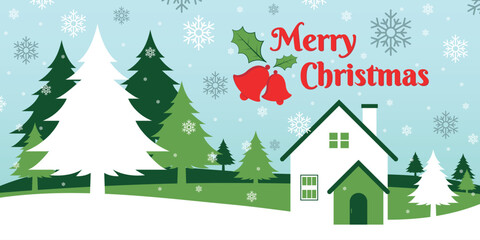 Fototapeta premium Merry Christmas banner, winter house landscape, snowflake background and green pine trees, happy holiday Xmas theme, calligraphy text greeting