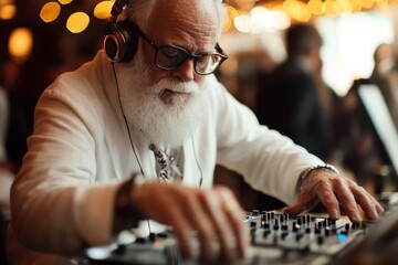 An elderly DJ, dressed smartly, expertly mixes music at a lively holiday event, showcasing his...