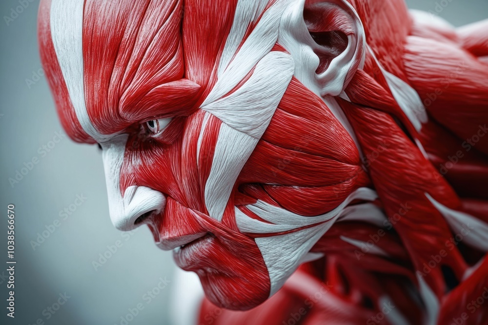 Poster an intricate representation of muscle anatomy showcases red and white fibers, emphasizing depth and 