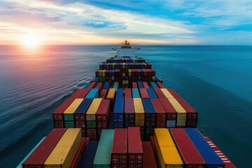 Breathtaking sunset over a cargo ship a captivating view of maritime transport and oceanic beauty