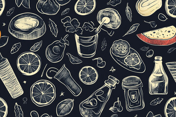 seamless pattern with food and kitchen elements