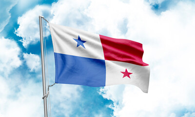 Panama flag waving on sky background. 3D Rendering