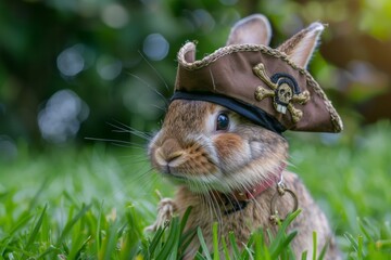 Adorable rabbit in pirate hat on grass