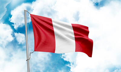 Peru flag waving on sky background. 3D Rendering