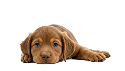 A brown puppy with a black nose and brown eyes lies on its side, gazing at the camera with a calm expression, against a white background, creating a serene and captivating image