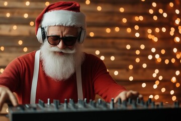 Santa Claus, embodying the spirit of fun and jolliness, wears headphones and a festive sweater while mixing tunes at a holiday party, brightening the room.