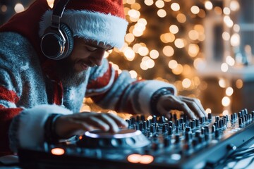 A DJ in a festive Santa hat mixes music on a turntable during a Christmas celebration. Bright...