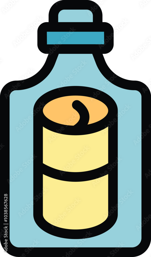 Poster message in a bottle floating on the water, delivering important information on a paper scroll