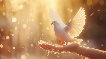 Fototapeta premium A white dove in motion, leaving an open hand, representing liberation and peace in a serene scene.