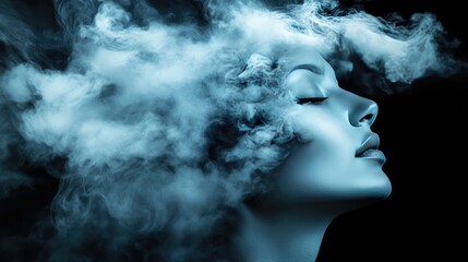 A woman head merges with clouds or smoke, representing a surreal and abstract concept of thoughts or daydreams.