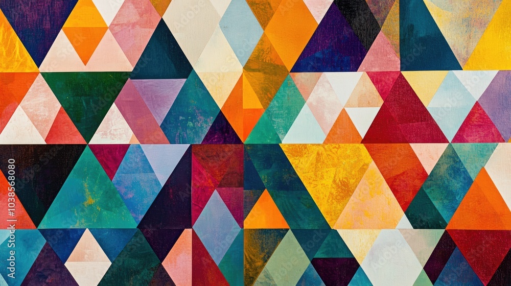 Poster abstract background featuring a striking arrangement of colorful triangles in various hues, creating