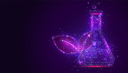 The silhouettes of flask chemical are made of luminous multicolored dots resembling stars. Bright particles create a effect, symbolizing the interconnectedness and wonders of biological life.