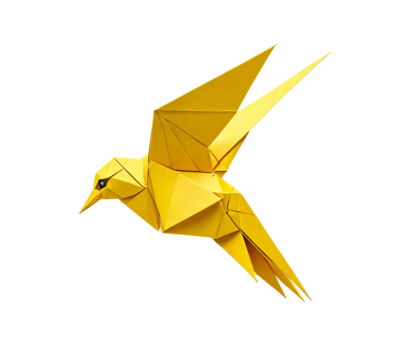 A vibrant yellow paper crane, composed of 12 triangular pieces, is captured in mid-flight against a white background, showcasing its intricate design and dynamic pose