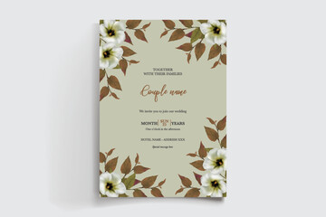 WEDDING INVITATION FRAME WITH FLOWER DECORATIONS AND FRESH LEAVES 