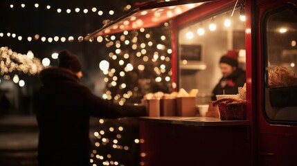 Festive holiday market with shoppers enjoying food stands at night