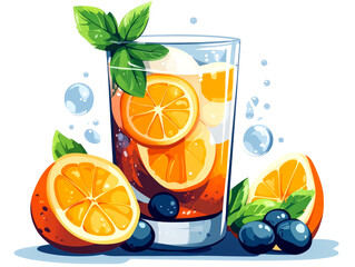 A glass of refreshing orange and blueberry beverage with fresh mint leaves.