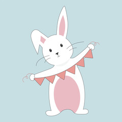 Cute cartoon white rabbit holding a bunting
