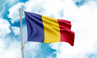 Romania flag waving on sky background. 3D Rendering