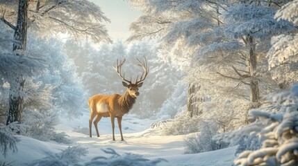 Majestic Deer in Serene Winter Landscape