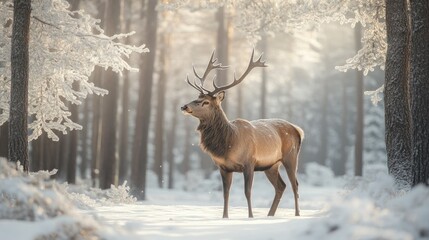 Majestic Deer in Snowy Winter Forest Landscape