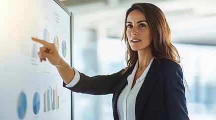 Executive woman confidently leading a business team, pointing to a chart during a project presentation, emphasizing strategic leadership.