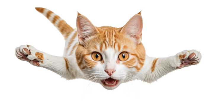 A ginger and white striped cat, with its eyes wide open and mouth open, is captured mid-air in a playful pose, set against a stark white background, creating a captivating and dynamic scene