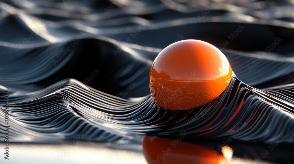 Poster an orange and black sphere resting on a wavy, reflective surface, creating a dynamic visual with bol