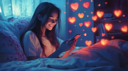 A teenage girl sitting on her bed, smiling brightly as she looks at her phone, with glowing heart icons floating around her, creating a cheerful and playful atmosphere.
