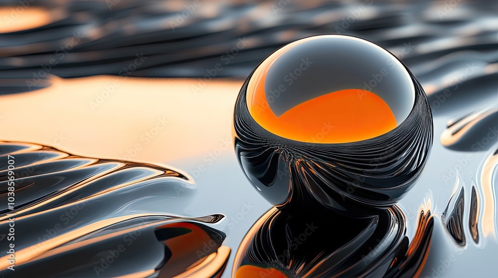 Aufkleber an orange and black sphere resting on a wavy, reflective surface, creating a dynamic visual with bol