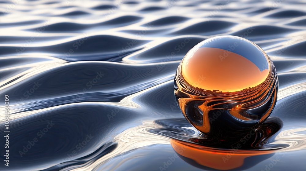 Aufkleber an orange and black sphere resting on a wavy, reflective surface, creating a dynamic visual with bol