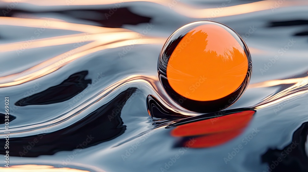 Aufkleber an orange and black sphere resting on a wavy, reflective surface, creating a dynamic visual with bol