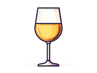 A glass of white wine with a yellow liquid in a clear glass with a stem and a base.