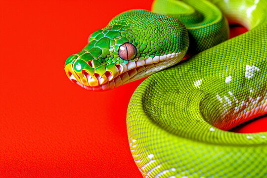 emerald green tree python coiled on minimalist red background