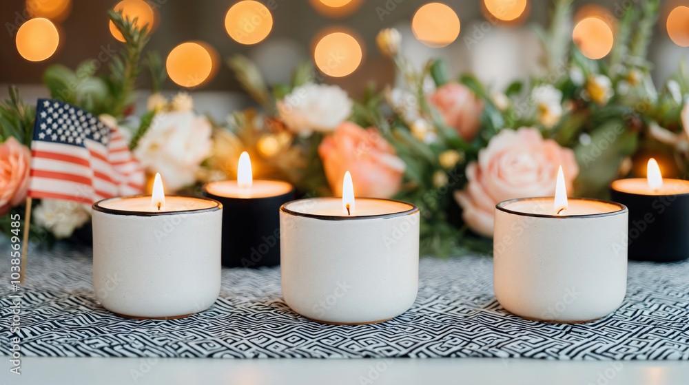 Poster five burning candles illuminating an empty table decorated with flowers and an american flag for a c