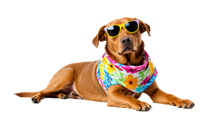 A brown Labrador Retriever lies on its side, wearing a colorful bandana, sunglasses, and a sunflower-inspired scarf, gazing at the camera with a playful and joyful expression