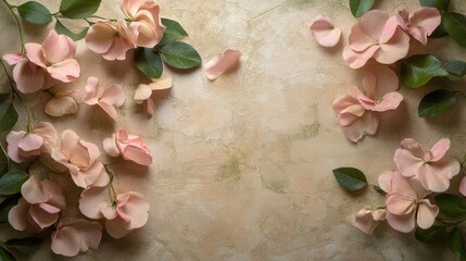 Soft Pink Petals and Green Leaves Botanical Composition on a Neutral Background with Luxurious Shadows