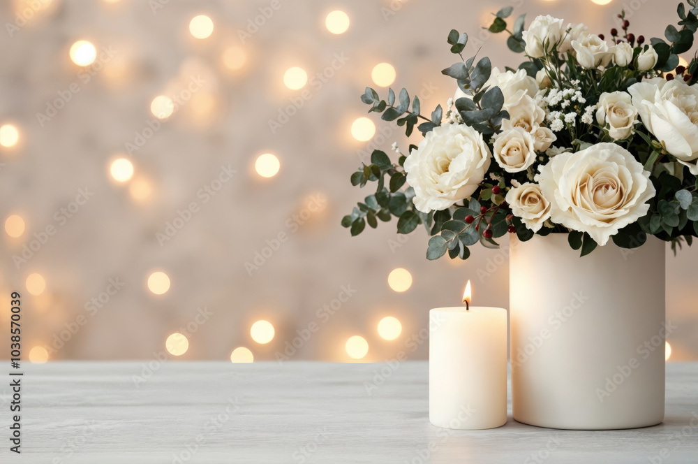 Poster bouquet of white roses in a vase and a burning candle are standing on a table against a background o