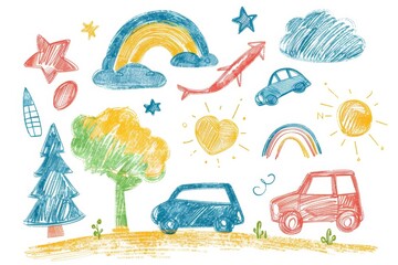 Obraz premium Colorful crayon drawings of cars, trees, and stars for children's art