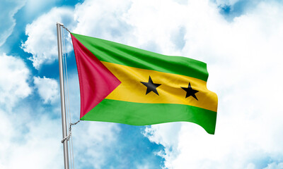 Sao Tome and Principe flag waving on sky background. 3D Rendering