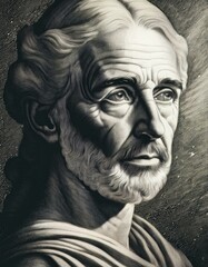 Retrato en blanco y negro de un hombre en estilo artístico de grabado y sombreado.