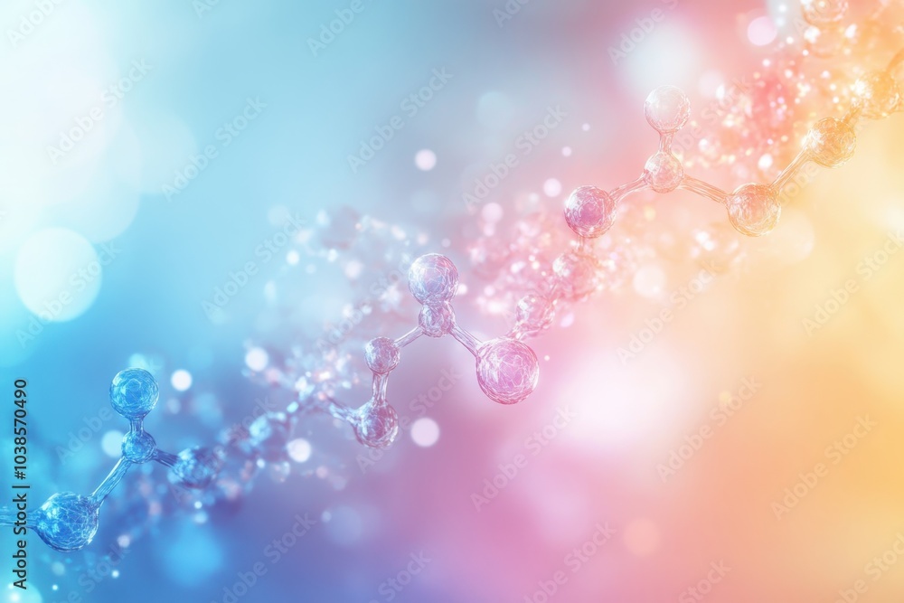 Poster molecular structures depicted with vibrant colors and glowing orbs against a soft gradient backdrop