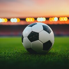 Fototapeta premium Close-up of a soccer ball on grass field with blurred background lights.