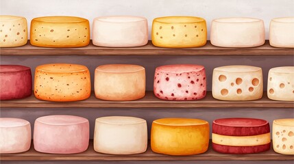 A colorful array of various cheeses displayed on wooden shelves, showcasing different textures and colors of cheese rounds.