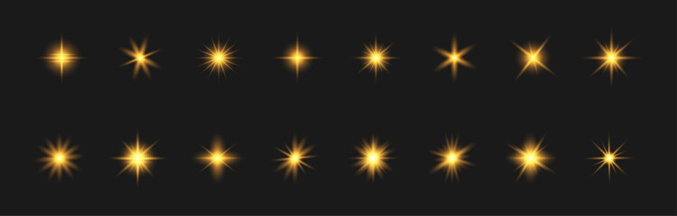 Vector glow sparkle effect: glitter, explosion, spark, glowing starlight—isolated yellow light effects. A glitter magic star set spark on a black background. Flashing lights.