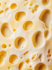 Close-up of a creamy cheese texture featuring numerous holes, showcasing its unique structure and inviting appearance.