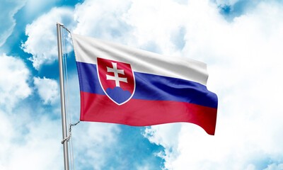 Slovakia flag waving on sky background. 3D Rendering