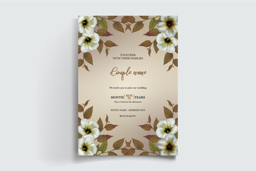 WEDDING INVITATION FRAME WITH FLOWER DECORATIONS AND FRESH LEAVES 