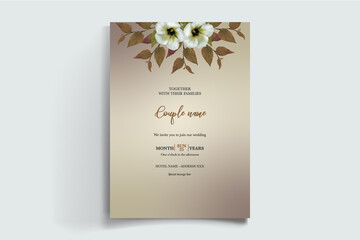 Fototapeta premium WEDDING INVITATION FRAME WITH FLOWER DECORATIONS AND FRESH LEAVES 