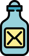 Cartoon illustration of a blue glass bottle with a cork stopper and a label featuring a black x mark, useful icon for a variety of creative projects