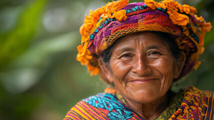 Portrait of an elderly indigenous woman wearing a mask. Concept of World Indigenous Peoples' Day